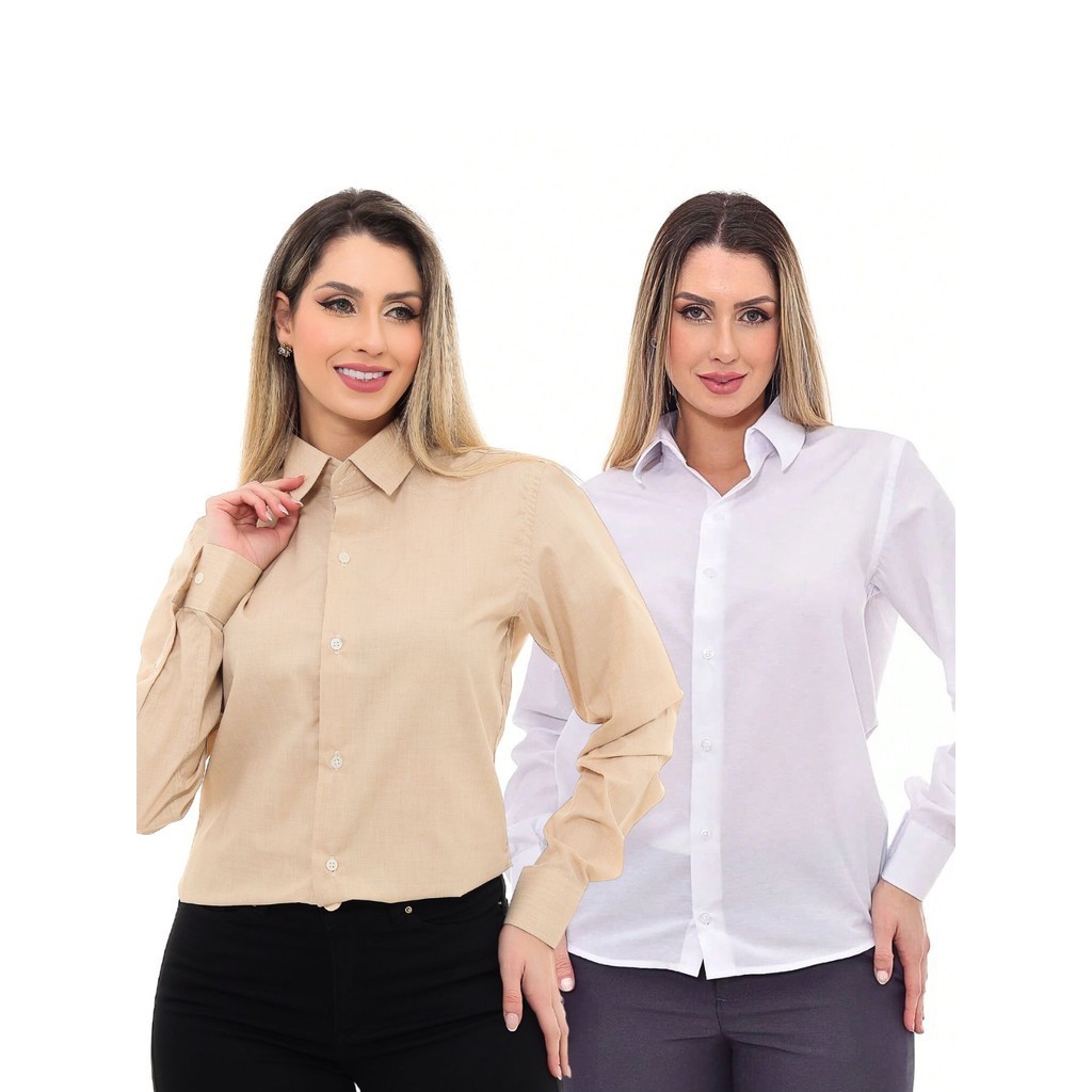 KIT 2 Peças - Camisa Social Feminina Premium Tipo Linho Bege e  Camisa Social Feminina Branca