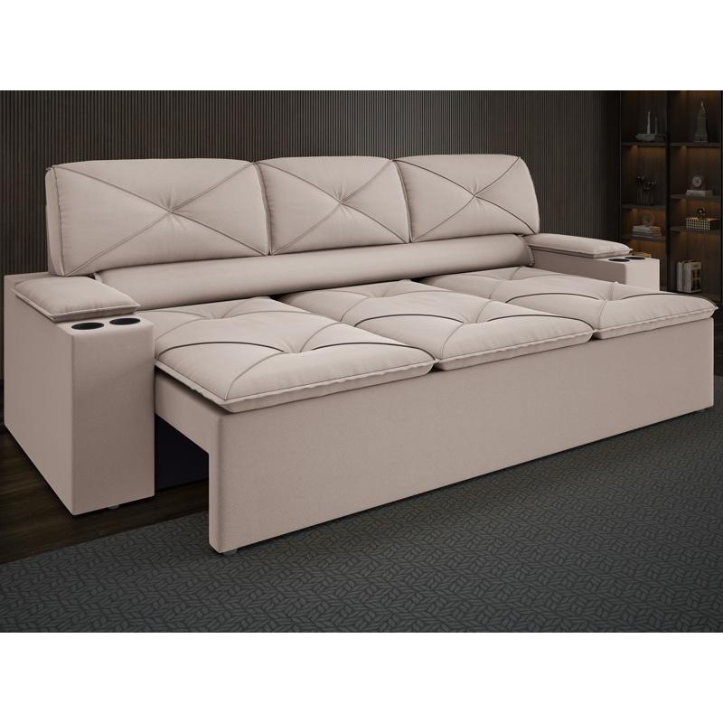 Sofá com Porta Copos Retrátil e Reclinável Pop 2,05m Velosuede Bege - NETSOFAS - Home & Living