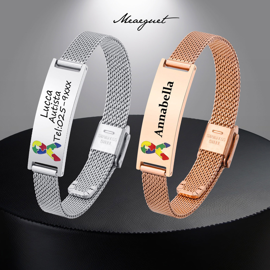 Meaeguet Pulseira Personalizada De Quebra-Cabeça Autismo , De Prata De Malha De Ouro 18K P...