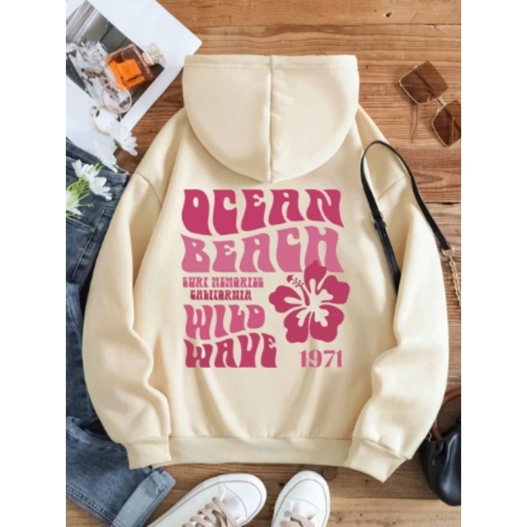 Blusa de frio Moletom Feminino Streetwear flor beach Blusa De Frio Premium Bege Casaco Algodão Casaco Premium Canguru