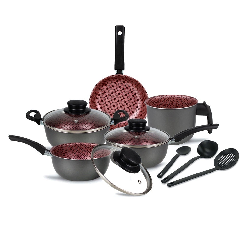 Conjunto de Panelas 8 Peças Prime Grafite com Rosa Jogo de Panela com Tampa de Vidro