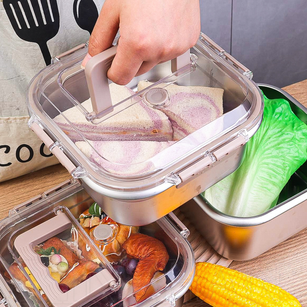 Caixa De Aço Inoxidável Para Conservação De Alimentos Frescos-Lancheira Bento Selada À Mão-Recipiente Congelamento De Carne De Ovo Quadrado E Prevenção De Vazamentos-Utensílios De Mesa-Portátil Armazenamento Acampamento