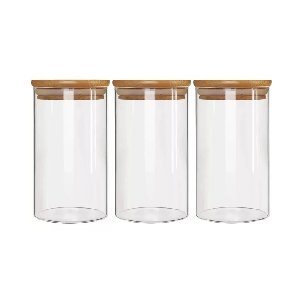 Kit 3 Pote Porta Temperos Mantimentos Design Elegante Tampa De Bambu Hermético 650ml