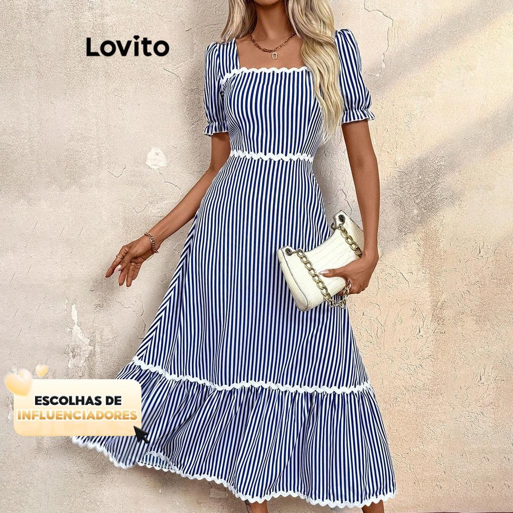 (KOL‘s pick) Lovito Boho Listrado Contraste Fita Estrutura Linha Puff Mangas Vestido para Mulheres LBL16576 em Oferta na Shopee