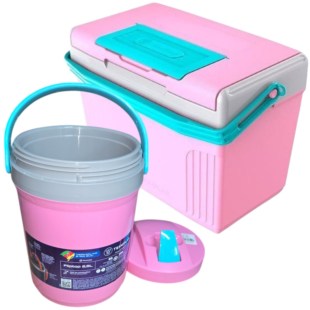 Caixa Cooler Térmico Pequeno 8 Litros Rosa Até 12 Latas + Jarra Térmica 2,5L Termolar