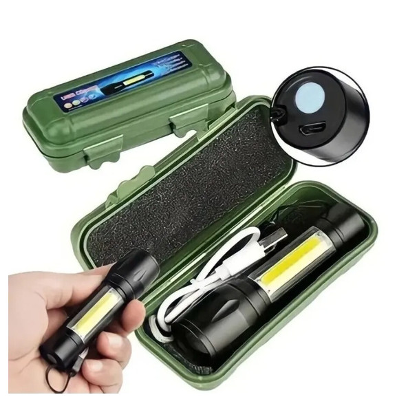 Mini lanterna tática de metal com luz LED e função de zoom, recarregável via USB, lanterna de mão