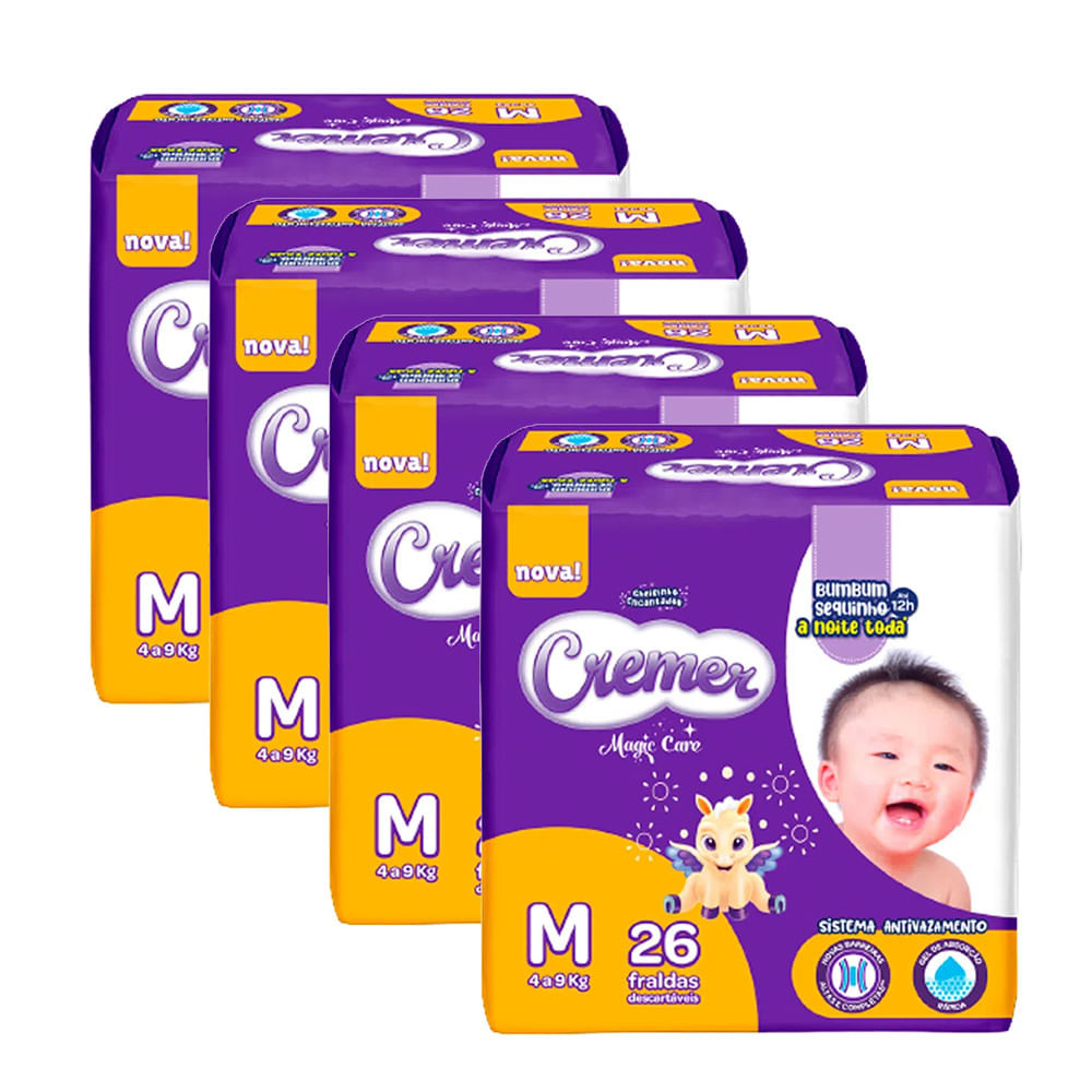 Kit 4 Fralda Cremer Magic Care Tamanho M Pacote Jumbo 26 Unidades Descartáveis cada