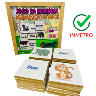 Jogo da Memória  40peças Alfabetização com Animais Brinquedo Educativo Pedagógico Alfabetização Infantil