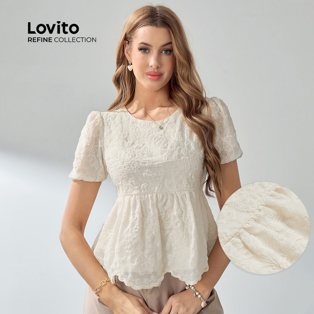 (Lovito Refine) Blusa Feminina Elegante Renda Floral Camada Dupla Babados Blusa De Verão/primavera LR2LD082 em Oferta na Shopee