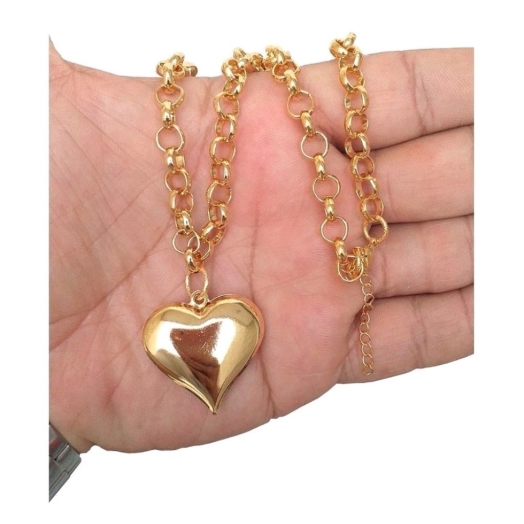 Colar Choker Corrente Feminino Elos Português Grosso 50cm Pingente Coração Liso Folheado Ouro 18k Tendência