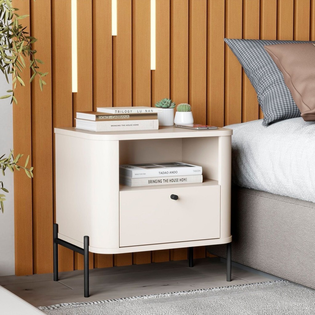Mesa de Cabeceira Curva Tucupí Slim com Pés e Puxador de Metal - Home & Living