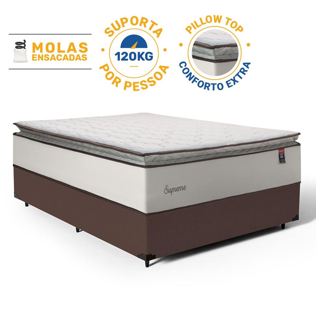 Cama Box com Colchão de Molas Ensacadas Pillow Top Supreme Lux Casal 138cm em Oferta na Shopee