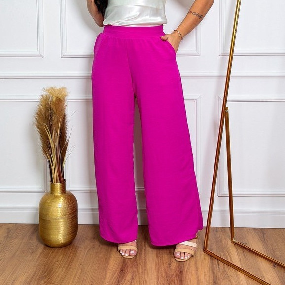 Calça Feminina Pantalona Duna Soltinha Com Bolso Cintura Alta Tendência Fashion
