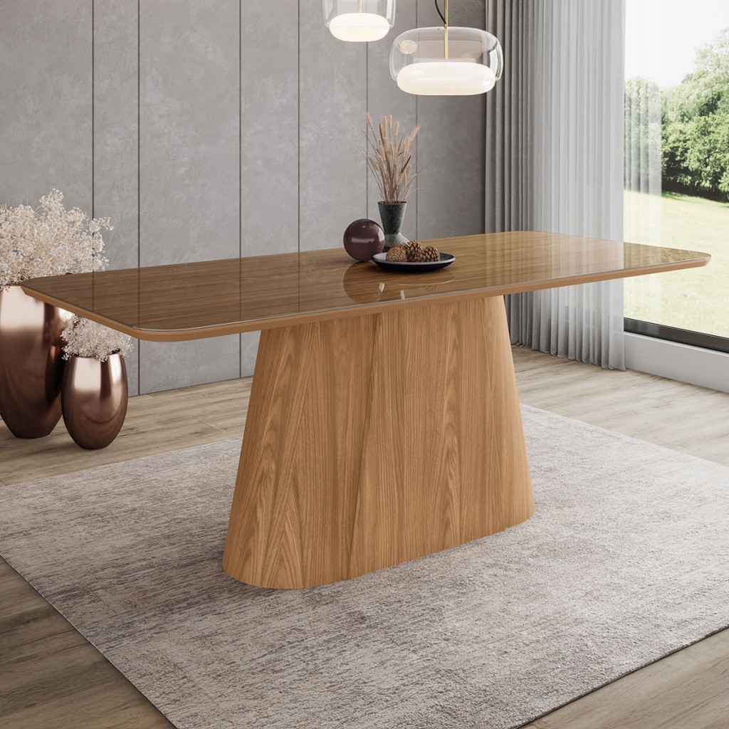 Mesa de Madeira Olívia 200 Cm com Vidro Nature - Henn em Oferta na Shopee
