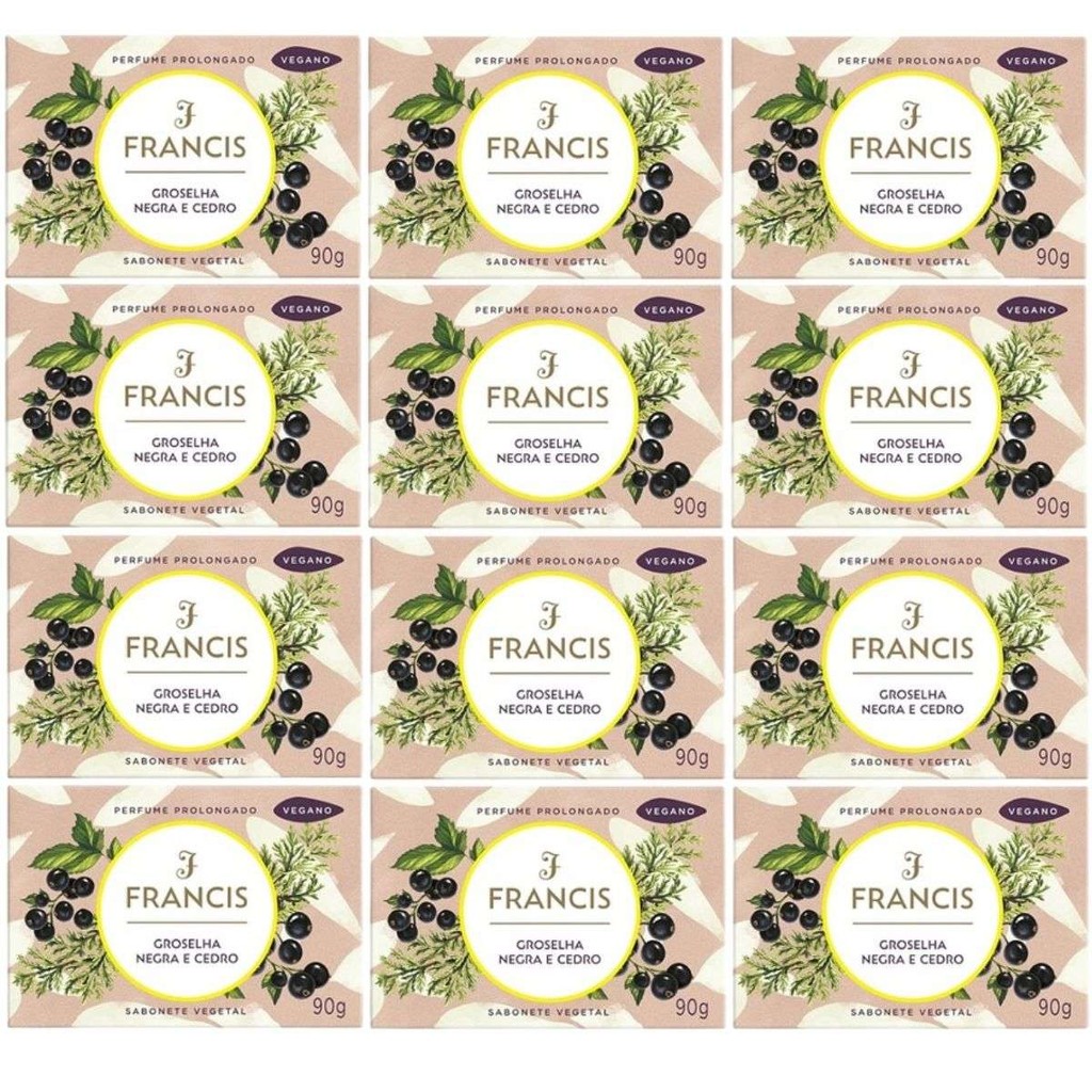 Kit com 12 Sabonetes Francis Groselha Negra e Cedro em Barra 90g