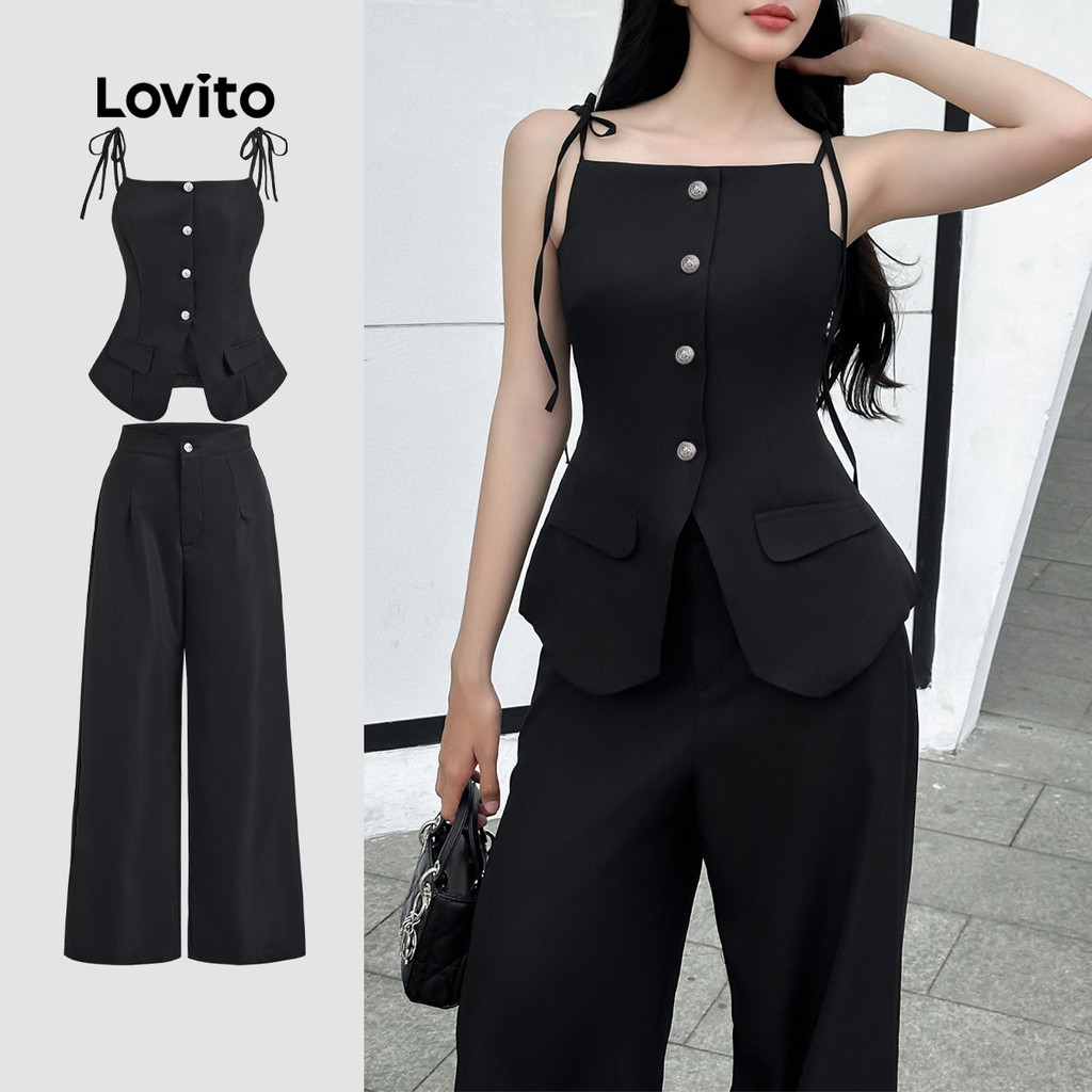 Lovito Tops Ou Calças Casuais Com Cadarço Na Frente Do Botão Verão/Primavera Tops Ou Calças Para Mulheres L124AD350 - Women Clothes