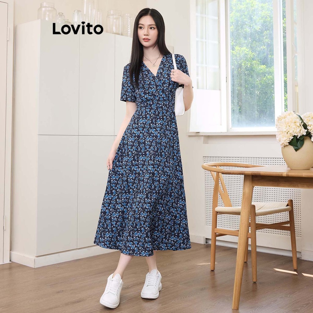 Lovito Vestido Boho Ditsy Floral Structure Line Colorblock para mulheres L99ED335 - Women Clothes