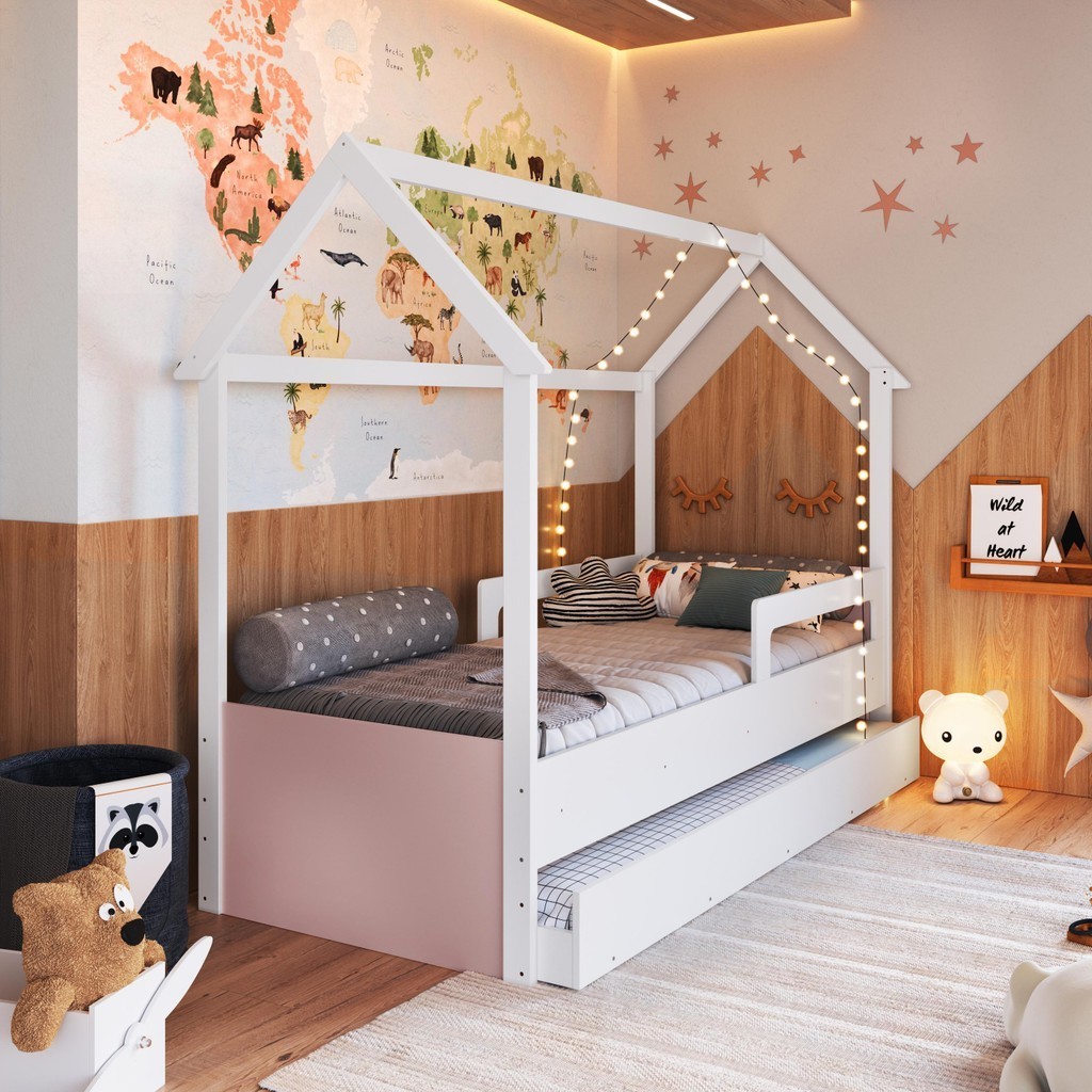 Cama Infantil Montessoriana Bicama Solteiro Menino Menina Proteção Lateral Cama Auxiliar Branco/Rosa - Home & Living