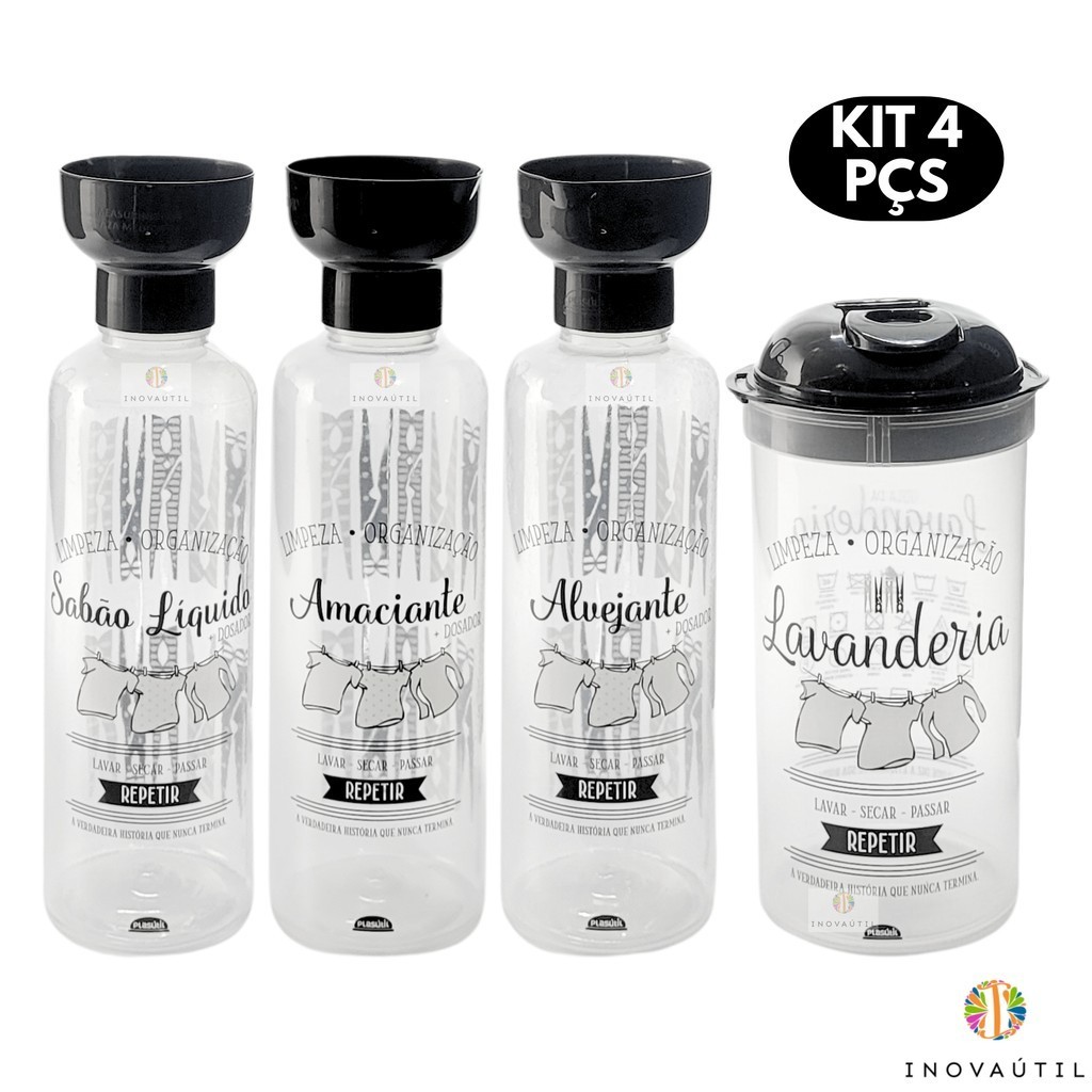Kit 4 Peças Porta Sabão Em Pó Sabão Líquido Amaciante Alvejante Tampa Dosadora Pote Lavanderia