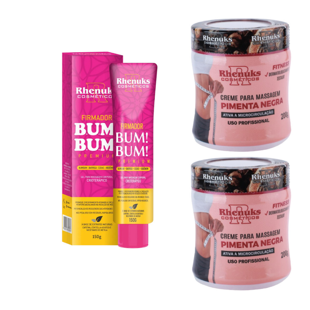 Kit 02 Gel Massageador Redutor de Medidas Corporal Pimenta Negra + 01 Gel Firmador Bumbum Redutor Estrias Celulites