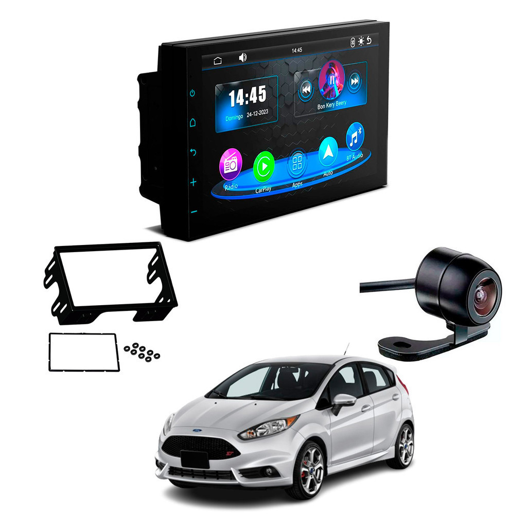 Kit Central Multimídia MP5 CarPlay Moldura 2Din Fiesta 2008-14 7 Polegadas + Câmera de Ré Borboleta - Spare Parts and Accessories for Vehicles