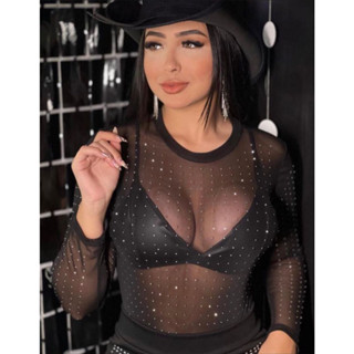 Body feminino brilho strass pedraria manga longa tule transparente em Oferta na Shopee