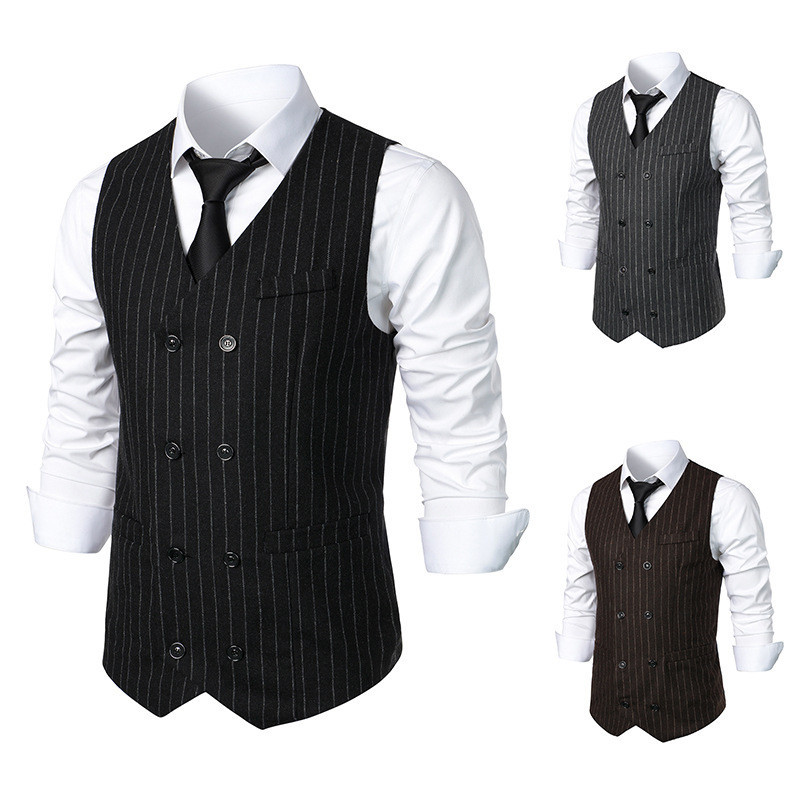 Colete Listrado Masculino Oversized Solto Duplo Breasted De Negócios Britânico De Meia-Idade