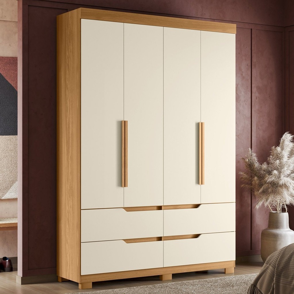 Guarda Roupa Solteiro 4 Portas 4 Gavetas Doble  Cinamomo/Off White em Oferta na Shopee
