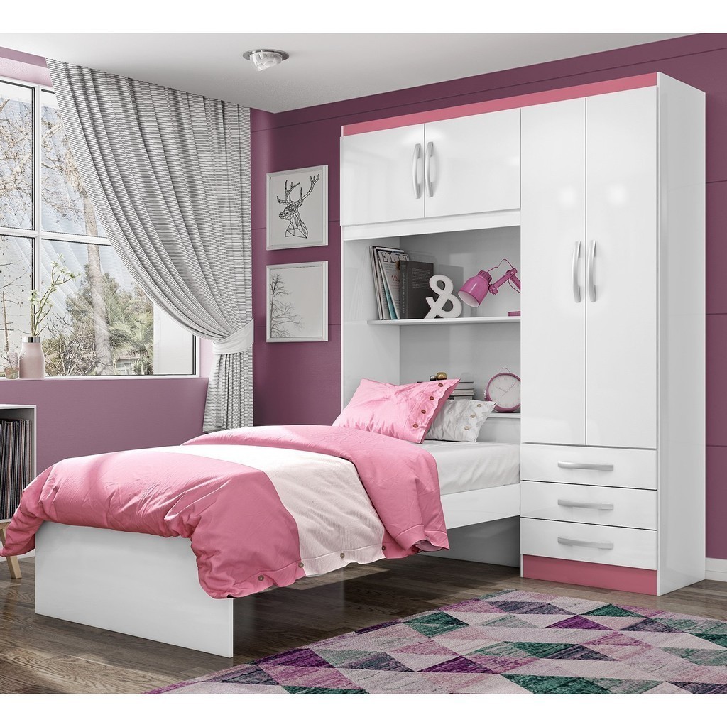 Guarda Roupa Infantil com Cama 4 Portas 3 Gavetas Lisboa Espresso Móveis Pink/Branco - Home & Living