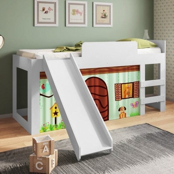 Cama Infantil Com Escorregador E Cortina Diversao Meu Fofinho - Home & Living