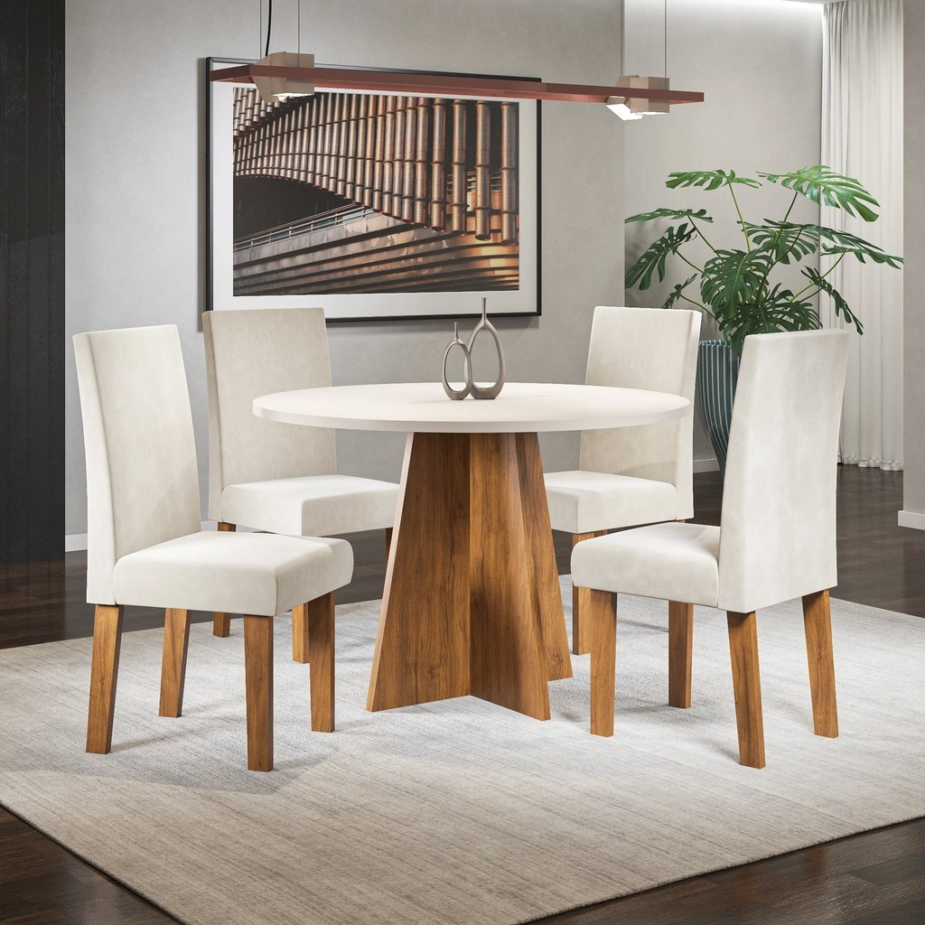 Conjunto Mesa de Jantar Redonda Spirit com 4 Cadeiras  Móveis Pinho/Bege - Home & Living