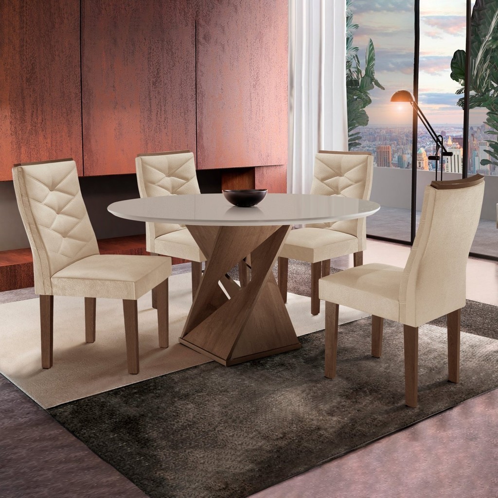 Conjunto Mesa Redonda com 4 Cadeiras Tampo MDF Barcelona Yescasa Chocolate/Off White/Suede Pena em Oferta na Shopee