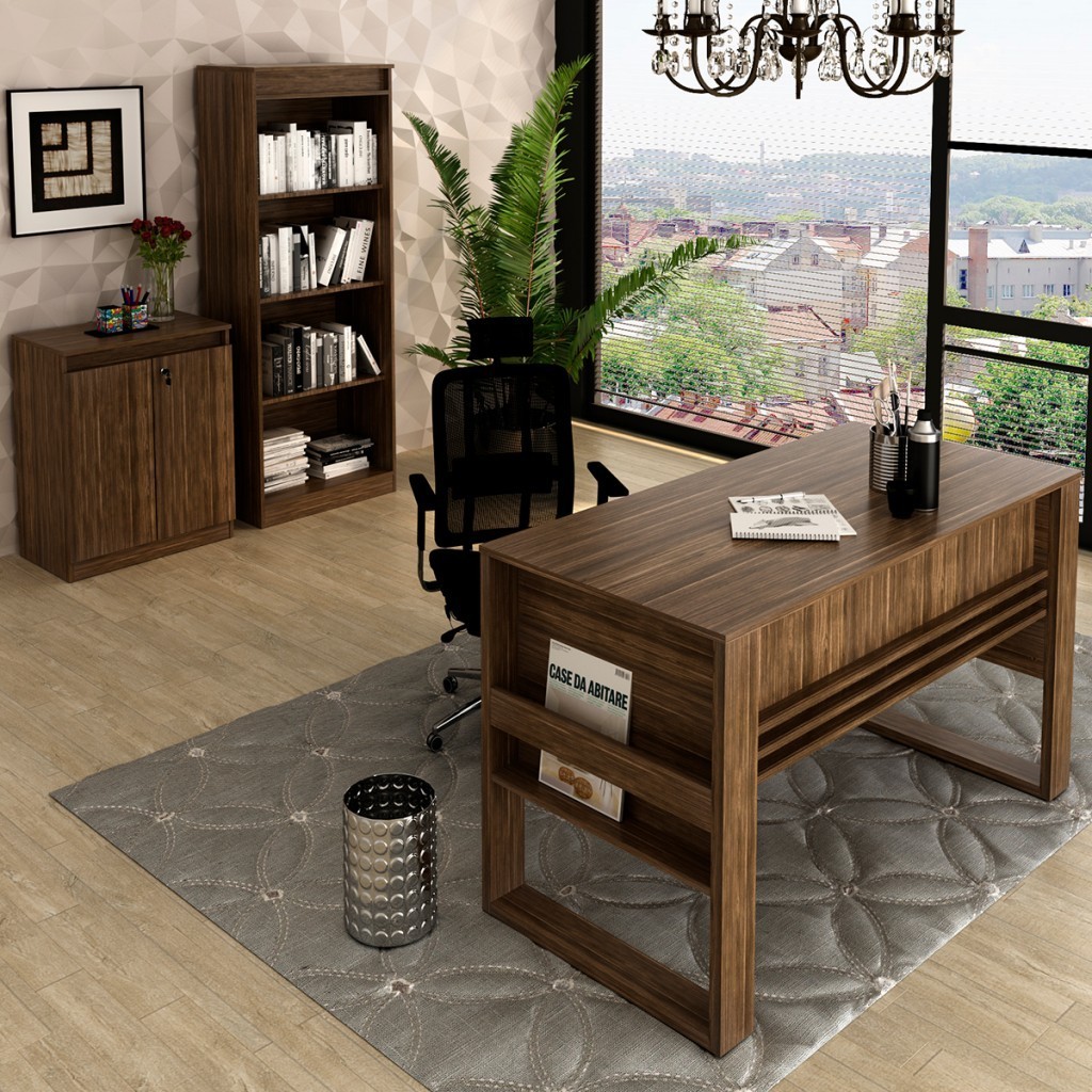 Conjunto Home Office 3 Peças 1 Mesa com Chave, 1 Estante para Livros e 1 Armário para Escritório