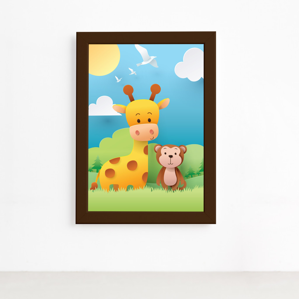 Quadro Infantil Safari Feliz Girafinha e Macaco Marrom 22x32