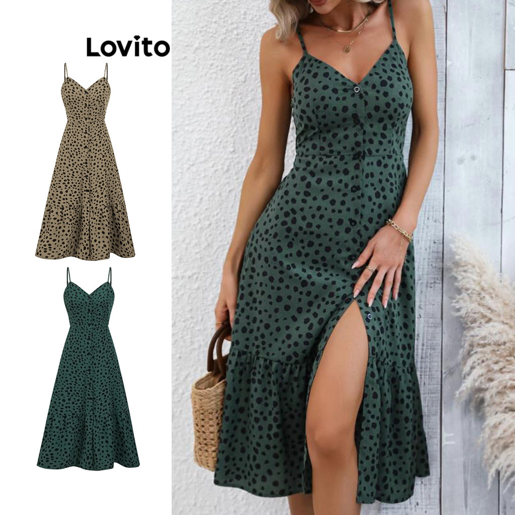 Lovito Vestido Casual Feminino Com Babados Frontais Com Botão De Bolinhas LBE04079 (Verde)