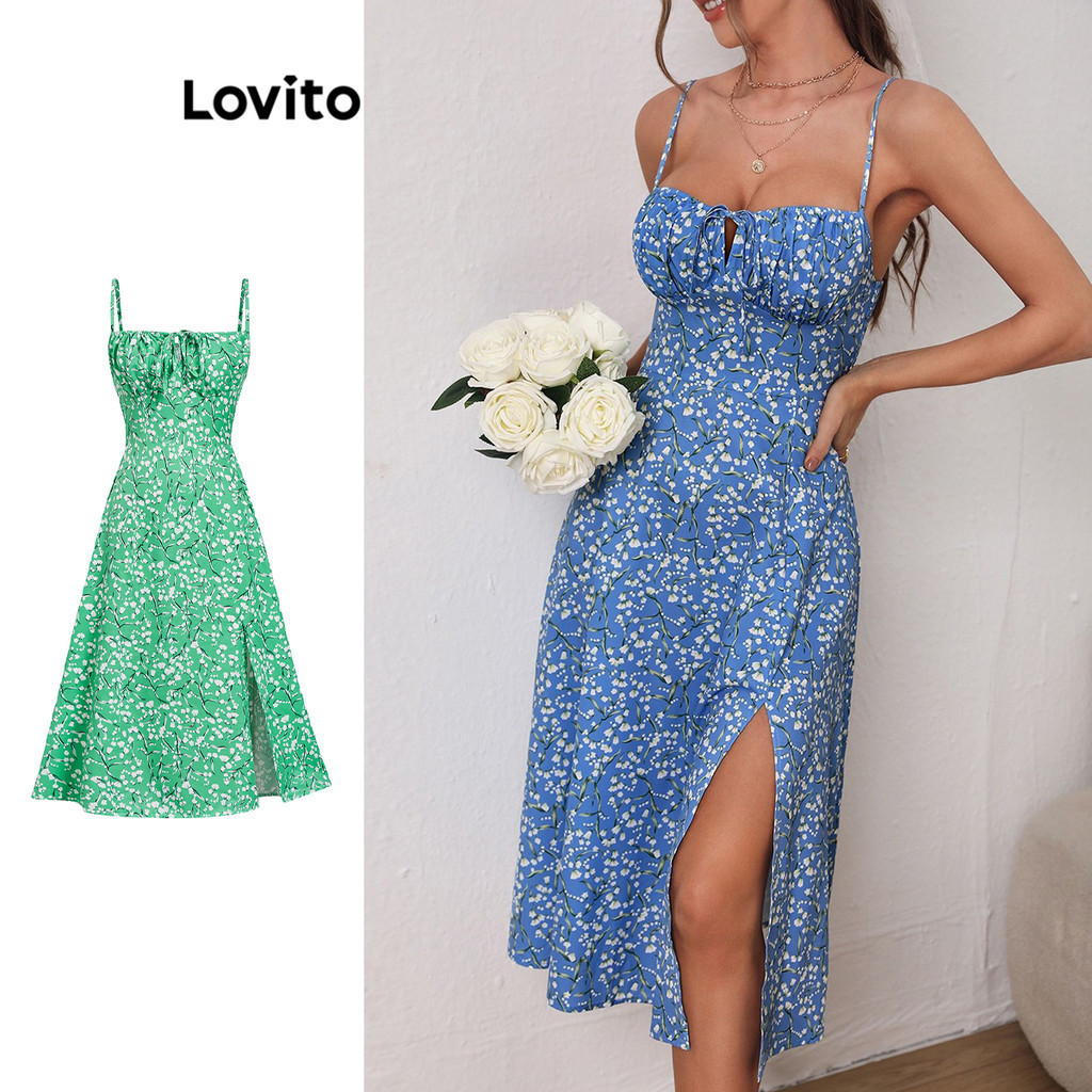 Lovito Vestido Boho Ditsy Floral Dividido Frontal Com Renda Para Mulheres LNE31004 (Azul)