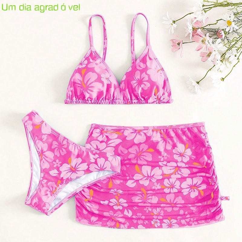 Verão 6 a 16 Anos 56140 Juventude Maiô Sem Pucks 3 Pcs Saia Bikini Floral Bikini Maiô