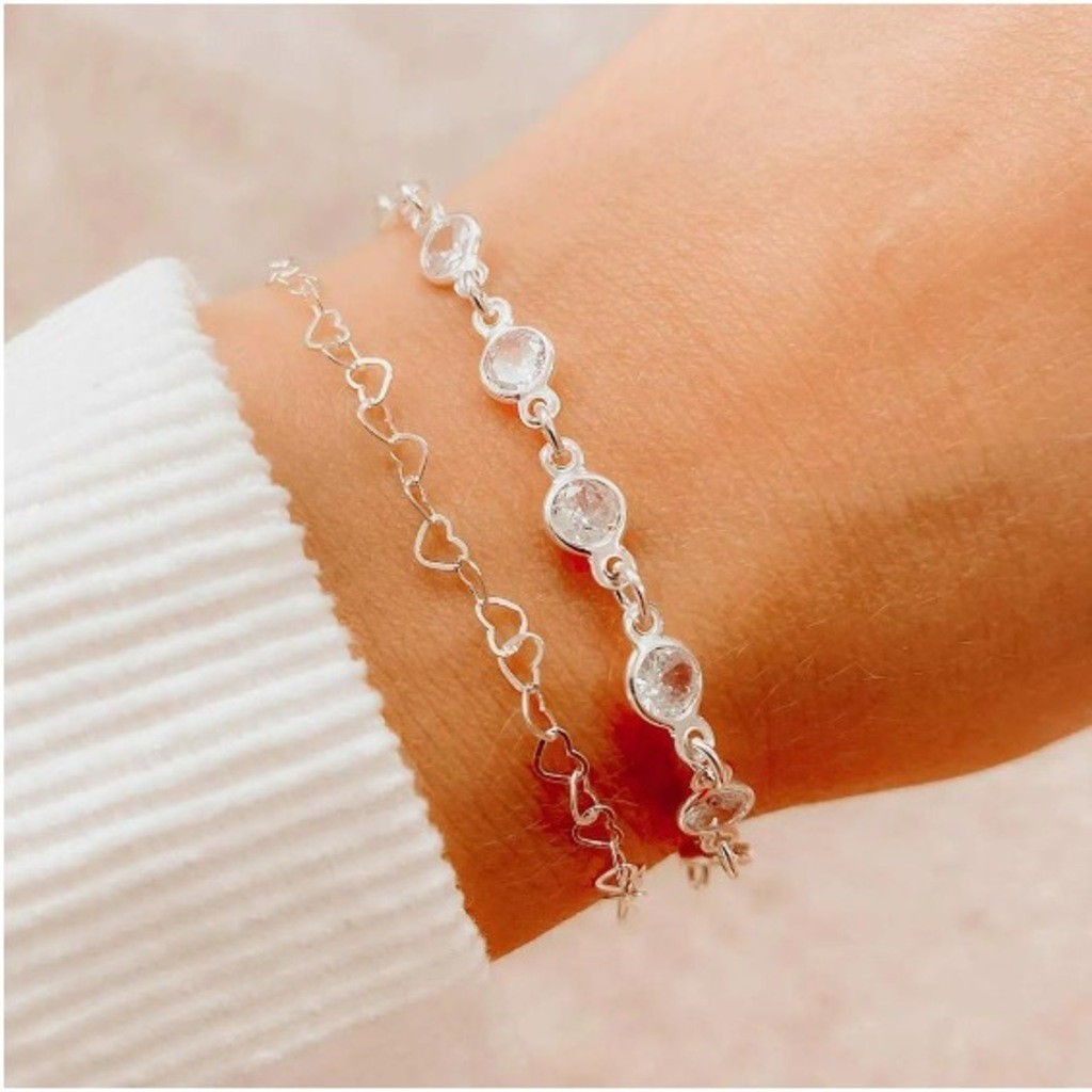 Kit 2 Pulseiras Prata 925 Folheada Coração Conjunto de Pulseira Feminina de Bolinha e Coração em Oferta na Shopee