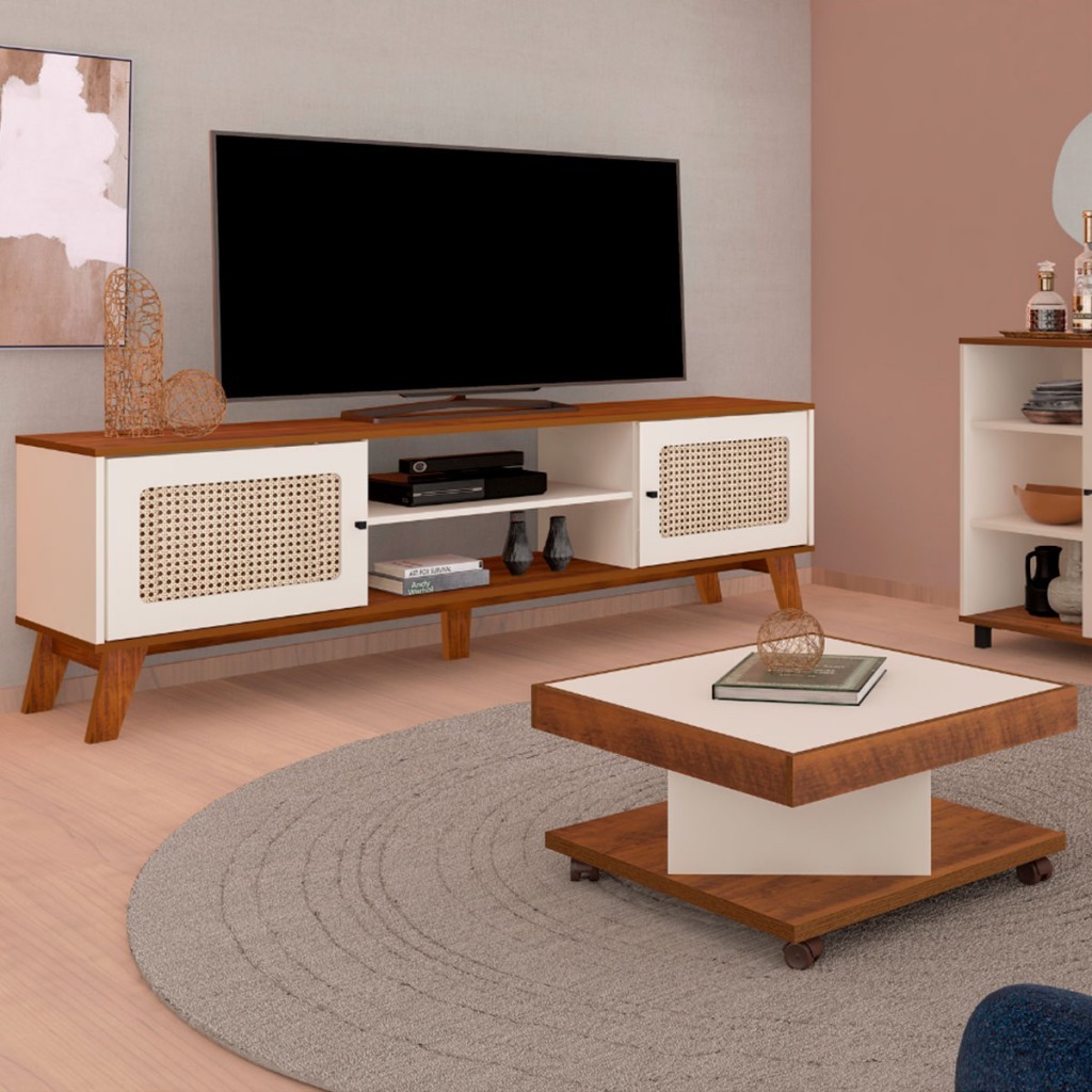 Sala de Estar Completa para TV Até 75 Polegadas Charlotte 2 Portas Pinho/Off White - Pnr Móveis - Home & Living
