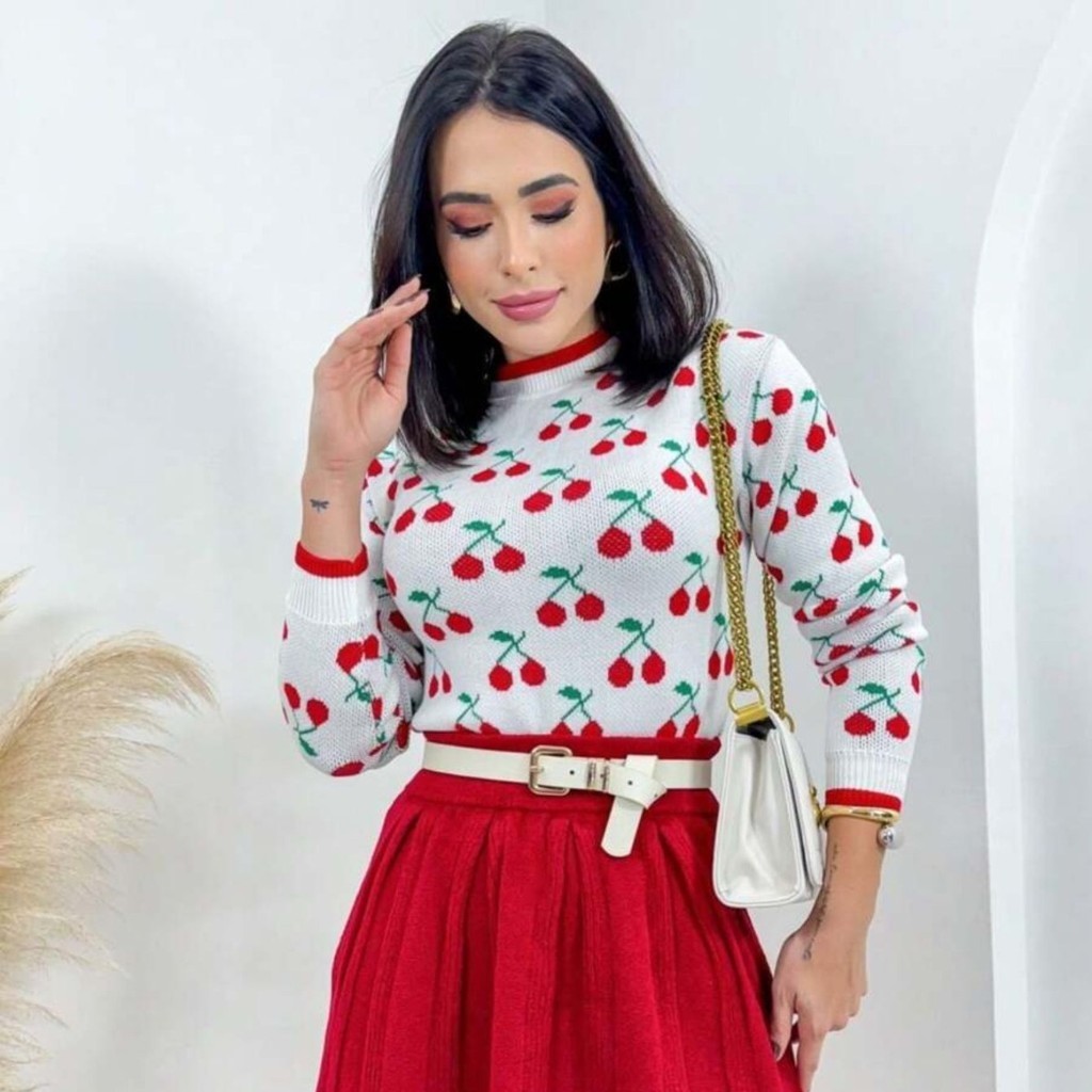 Blusa Sueter Cereja Cerejinha Cherry Tricot Modal Inverno Luxo Tendencia Moda