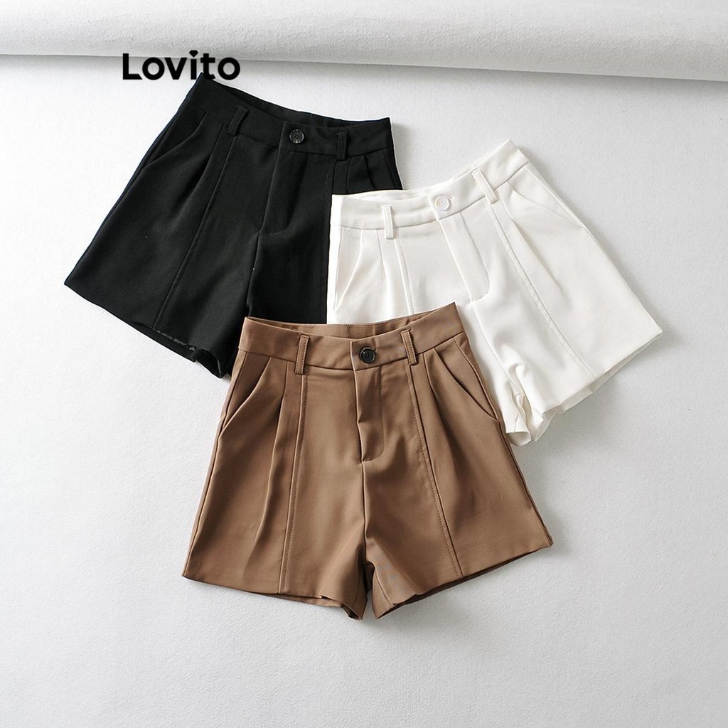 Lovito Shorts casuais com botão de bolso liso para mulheres LNL57134