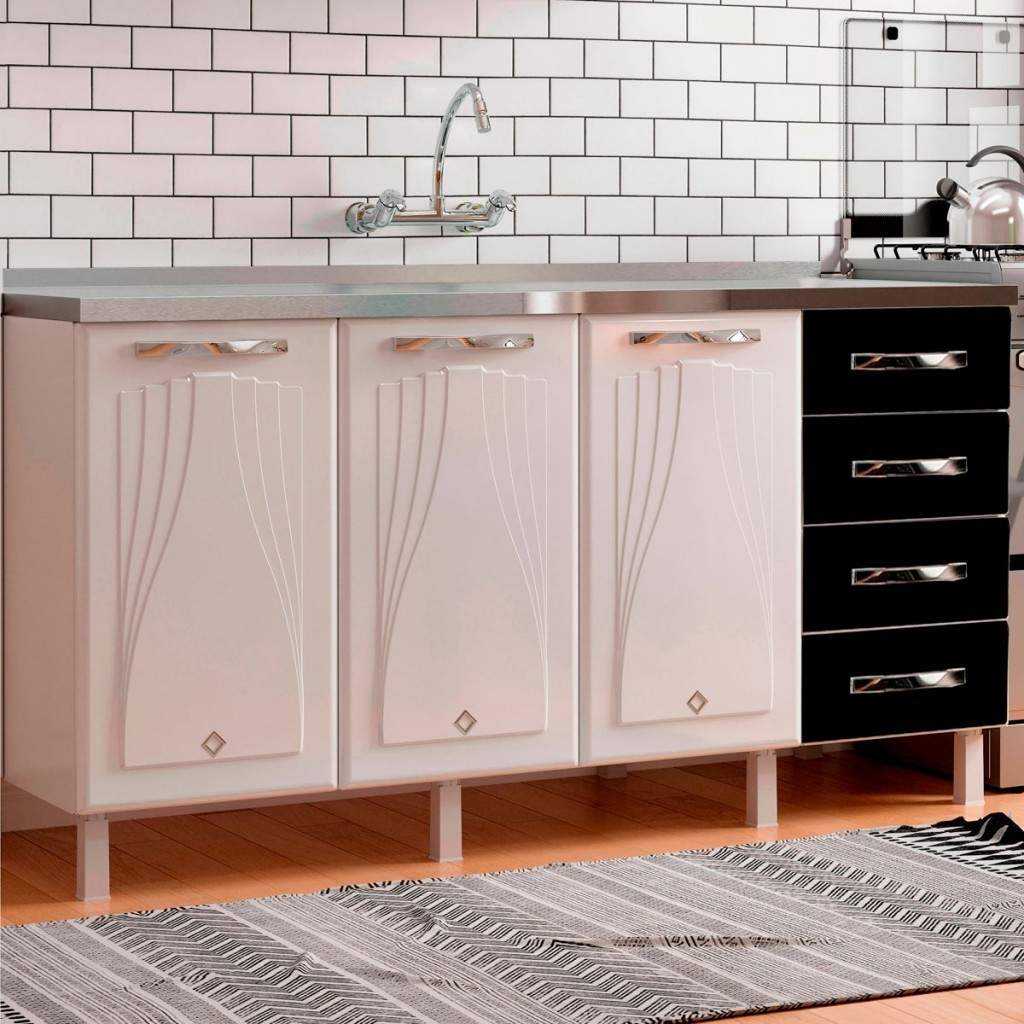 Armário de Cozinha Compacta para Pia em Aço Star New 3 Portas 4 Gavetas Branco/Preto - Pnr Móveis - Home & Living