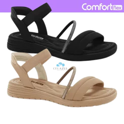Sandália Feminina Comfortflex Rasteira Ortopédica Elástico Elegante Strass Brilho Conforto