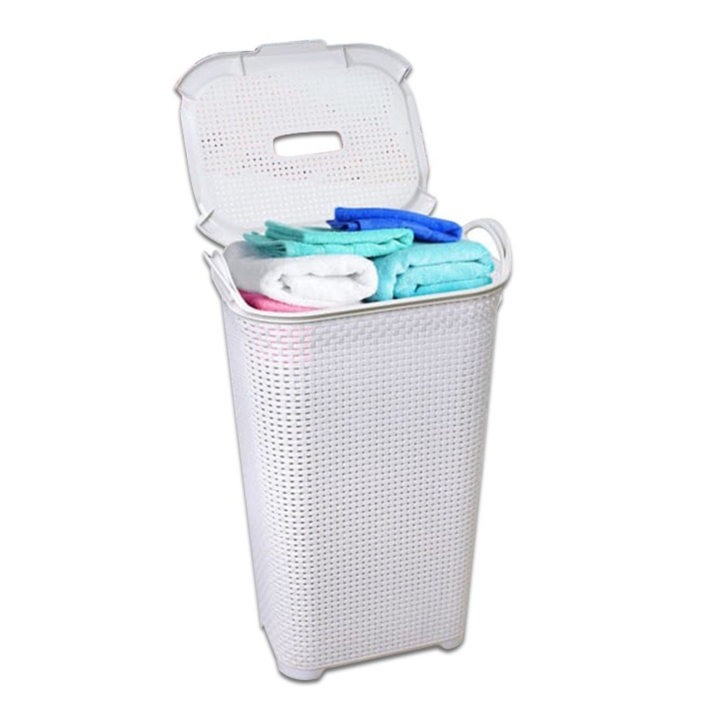 Cesto Roupas Rattan Branco Grande C/ Tampa Basculada 50 LITROS em Oferta na Shopee