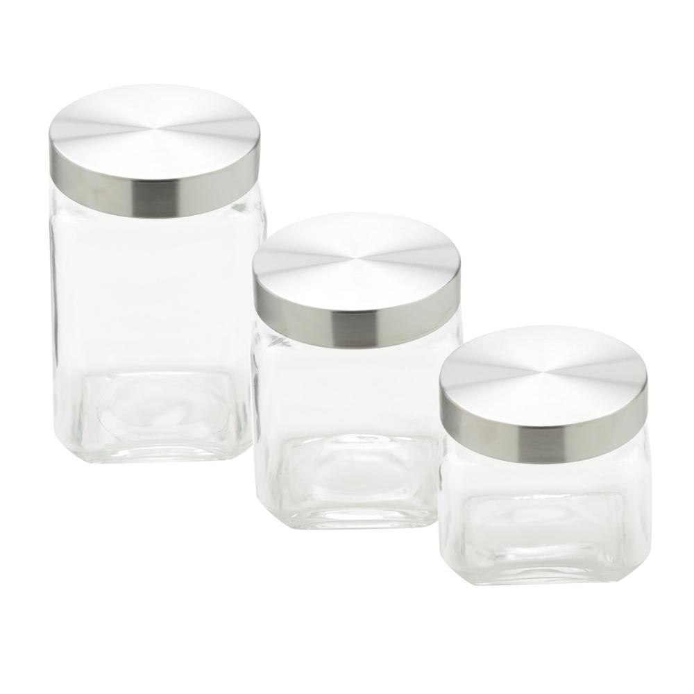 Jogo com 3 Potes Porta Mantimento de Vidro Quadrado Tampa de Aço Wolff Organizador de Cozinha Prático Moderno Resistente