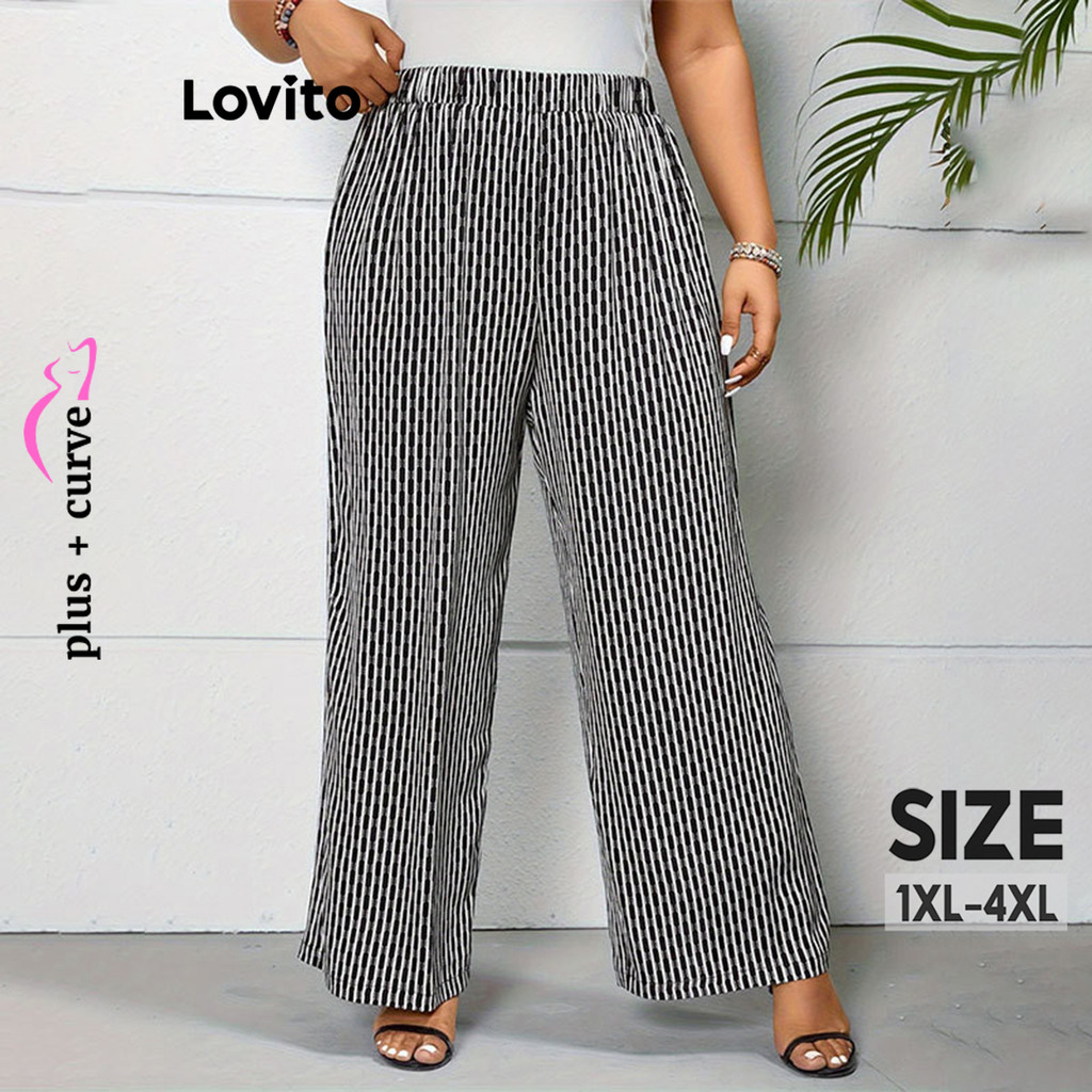 Lovito Calças básicas plus size curvas casuais com padrão simples para mulheres LNM91044 - Women Clothes