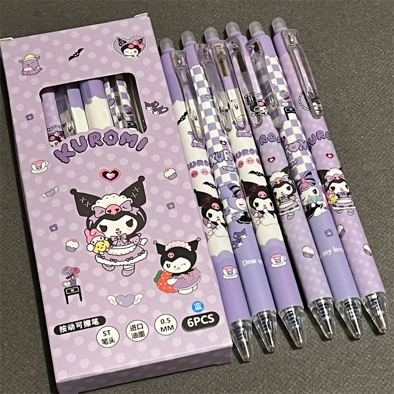 6-Pack/0.5mm Canetas Apagáveis de Anime Kuromi Fofas Sanrio Kawaii Gel Cartoon Estudante Fofo