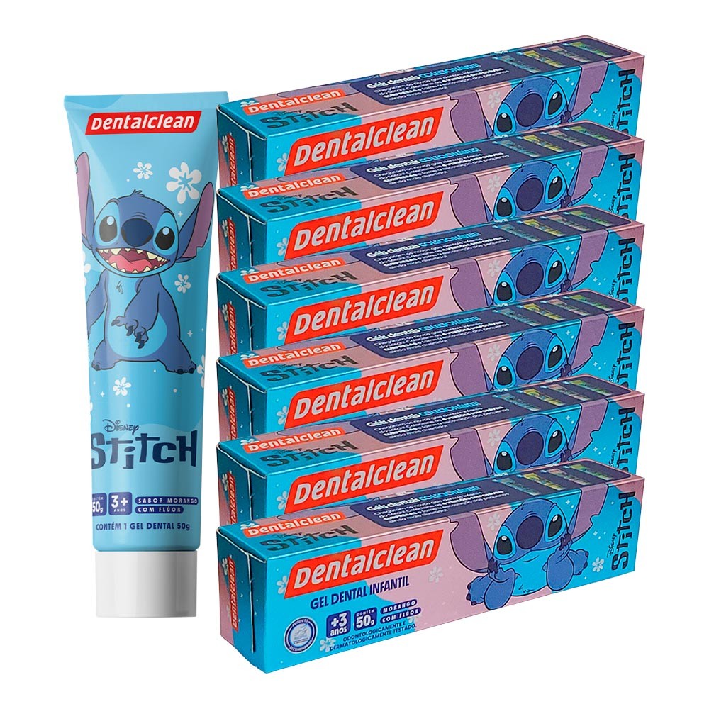 Kit 6 Pasta de Dente Gel Dental com Flúor Infantil Stitch Morango 50g Dentalclean