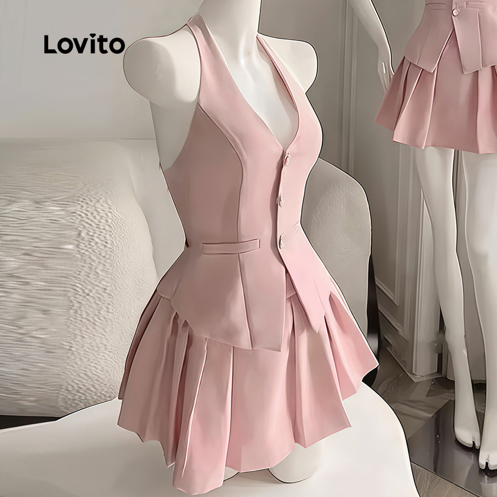Detalhes do Lovito Conjunto Saia Feminina Plissada Lisa e Sofisticada L128ED403