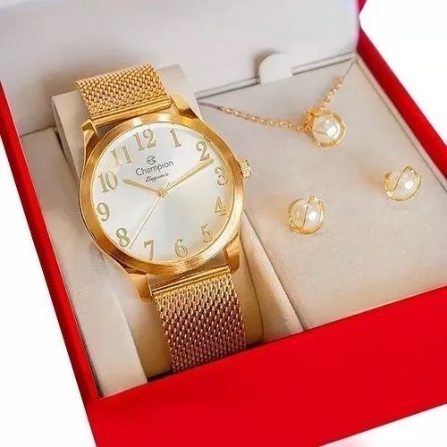 🔥OFERTA🔥 Relógio Feminino + Kit Colar Brincos Folheados A Ouro 18k * em Oferta na Shopee